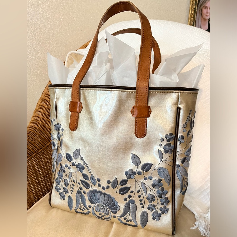 Consuela Classic Tote, gold with silver embroidery